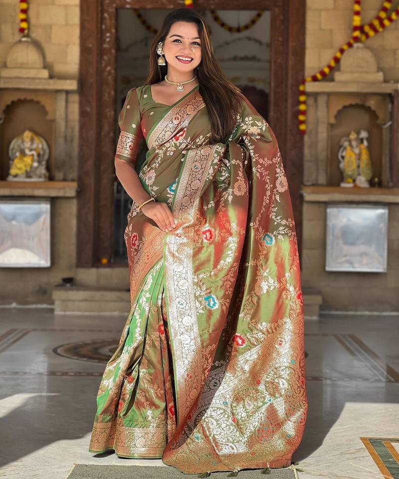 Mehendi elegant art silk woven saree with rich zari border