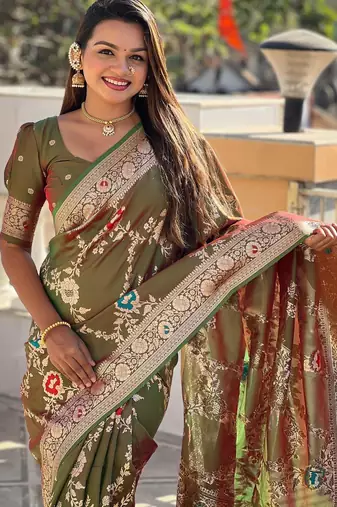 Mehendi elegant art silk woven saree with rich zari border