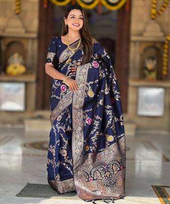 Navy blue elegant art silk woven saree with rich zari border 1