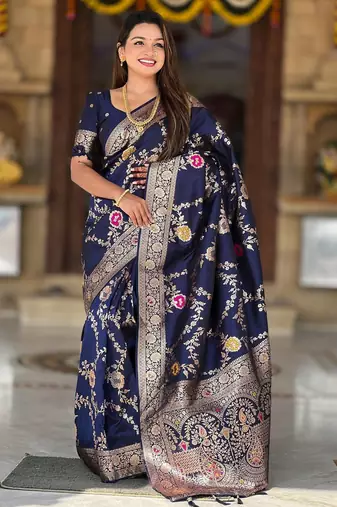 Navy blue elegant art silk woven saree with rich zari border