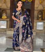 Navy blue elegant art silk woven saree with rich zari border