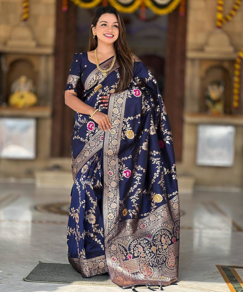 Navy blue elegant art silk woven saree with rich zari border