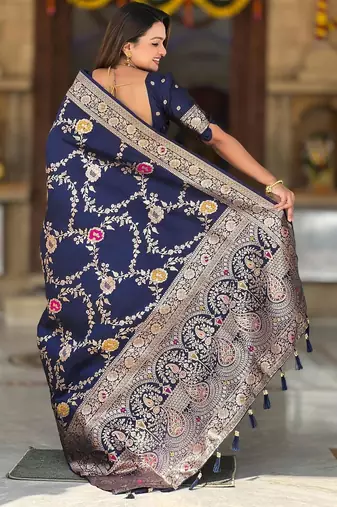 Navy blue elegant art silk woven saree with rich zari border