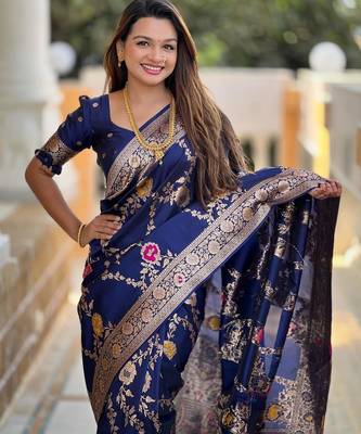 Navy blue elegant art silk woven saree with rich zari border 3