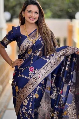 Navy blue elegant art silk woven saree with rich zari border
