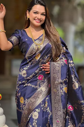 Navy blue elegant art silk woven saree with rich zari border