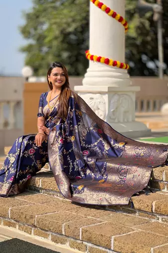 Navy blue elegant art silk woven saree with rich zari border