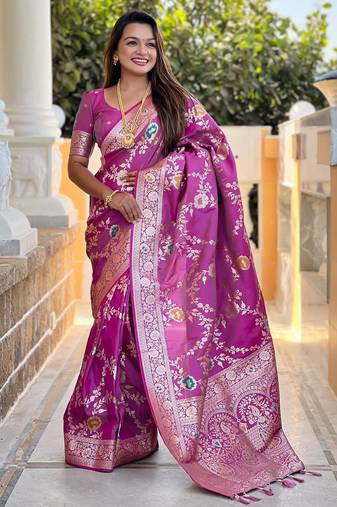 Onion pink elegant art silk woven saree with rich zari border