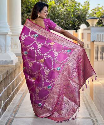 Onion pink elegant art silk woven saree with rich zari border 2