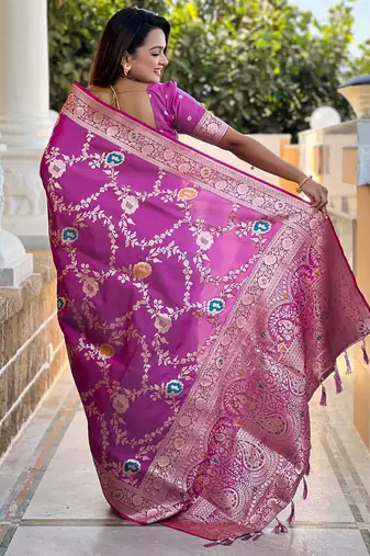 Onion pink elegant art silk woven saree with rich zari border