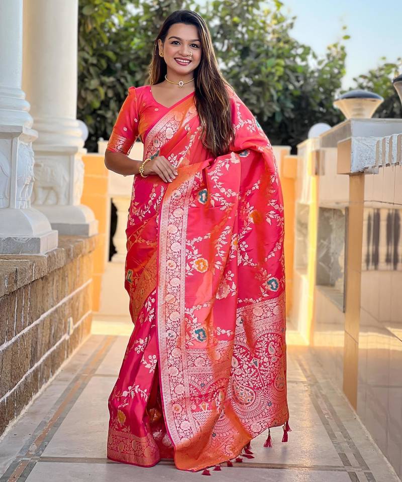 Pink elegant art silk woven saree with rich zari border