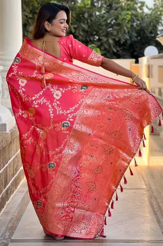 Pink elegant art silk woven saree with rich zari border
