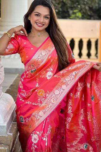 Pink elegant art silk woven saree with rich zari border