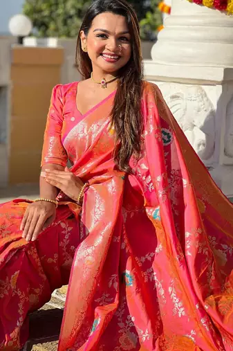 Pink elegant art silk woven saree with rich zari border