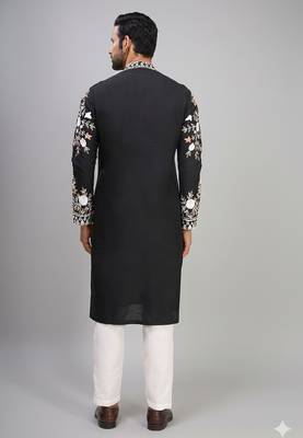 black embroidered silk kurta pant set for men 3