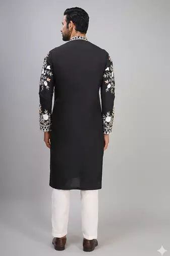 black embroidered silk kurta pant set for men