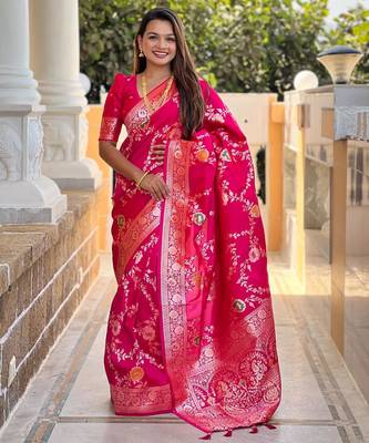 Pink elegant art silk woven saree with rich zari border 1