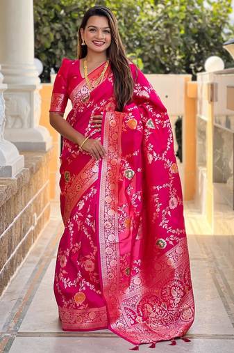 Pink elegant art silk woven saree with rich zari border