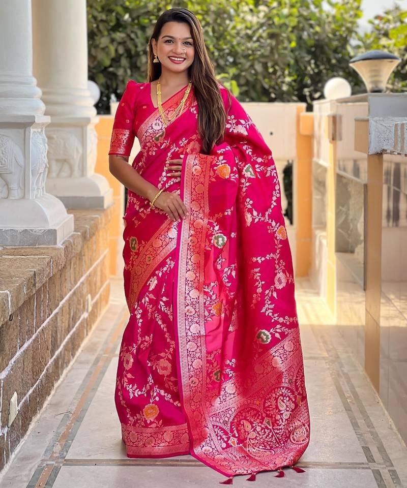 Pink elegant art silk woven saree with rich zari border