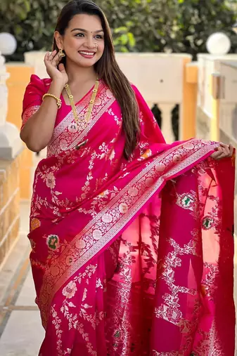 Pink elegant art silk woven saree with rich zari border