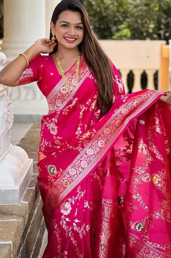 Pink elegant art silk woven saree with rich zari border