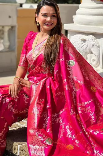 Pink elegant art silk woven saree with rich zari border