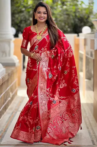 Red elegant art silk woven saree with rich zari border