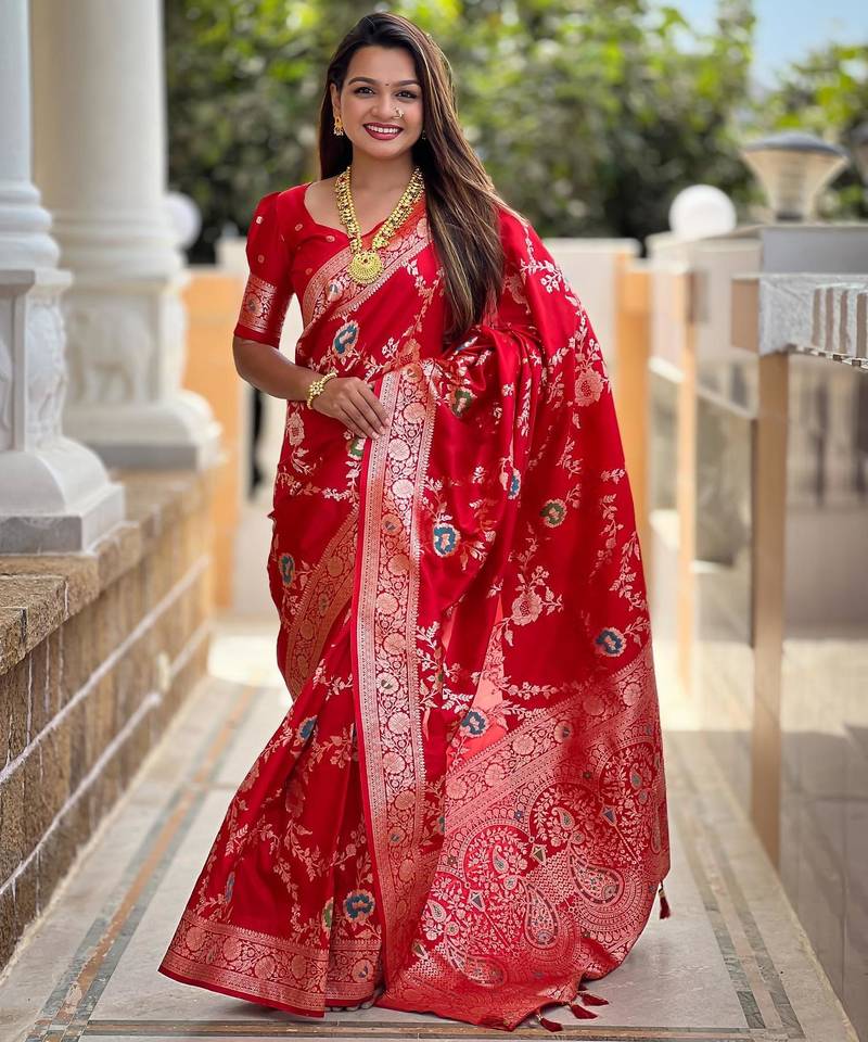 Red elegant art silk woven saree with rich zari border