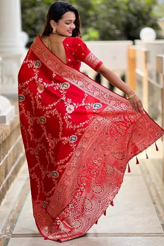 Red elegant art silk woven saree with rich zari border
