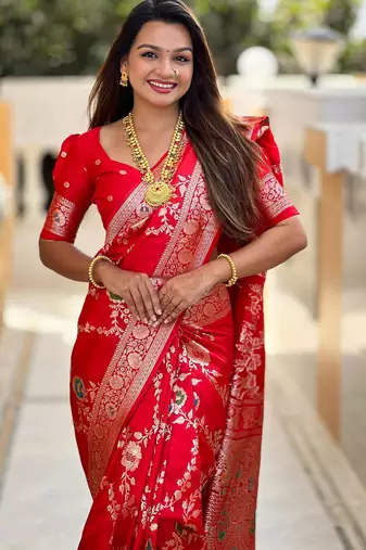 Red elegant art silk woven saree with rich zari border