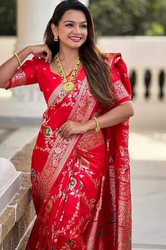 Red elegant art silk woven saree with rich zari border