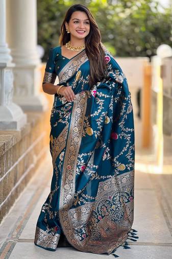Teal elegant art silk woven saree with rich zari border