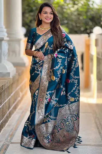 Teal elegant art silk woven saree with rich zari border