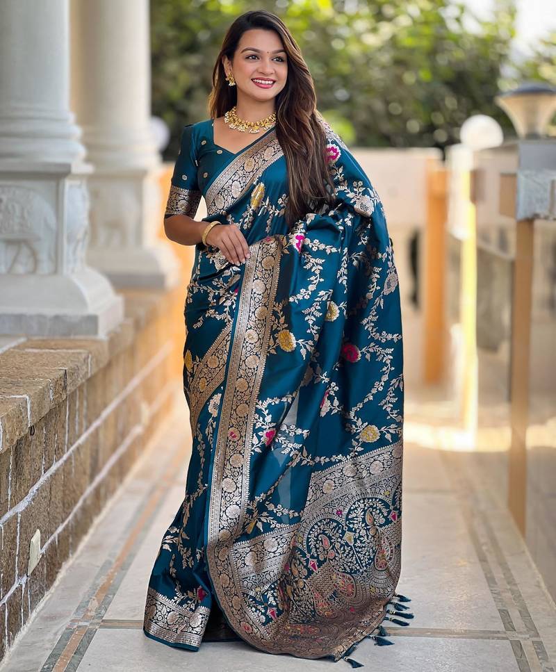 Teal elegant art silk woven saree with rich zari border