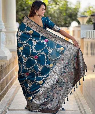 Teal elegant art silk woven saree with rich zari border 2