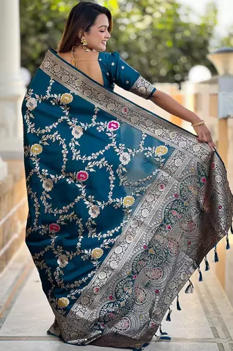 Teal elegant art silk woven saree with rich zari border
