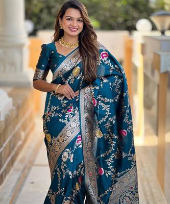 Teal elegant art silk woven saree with rich zari border 3