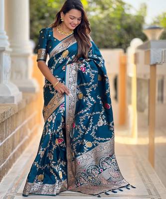 Teal elegant art silk woven saree with rich zari border 4