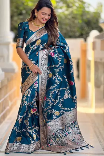 Teal elegant art silk woven saree with rich zari border