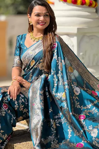 Teal elegant art silk woven saree with rich zari border
