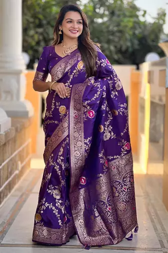 Wine elegant art silk woven saree with rich zari border