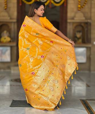 Yellow elegant art silk woven saree with rich zari border 2