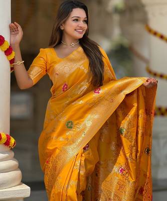Yellow elegant art silk woven saree with rich zari border 3