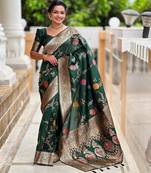 Green elegant art silk woven saree with rich zari border