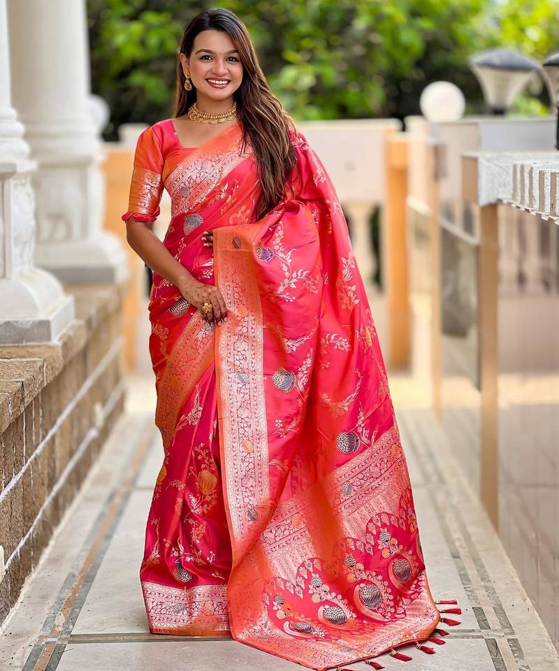 Pink elegant art silk woven saree with rich zari border