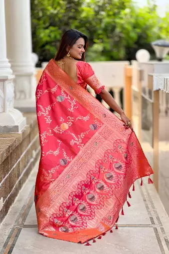 Pink elegant art silk woven saree with rich zari border