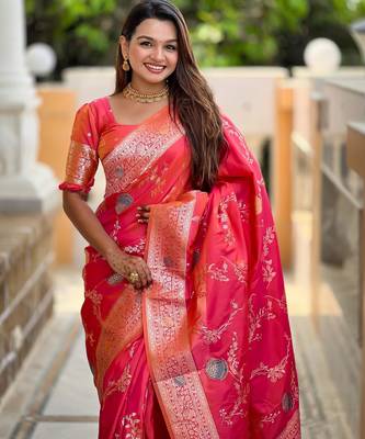 Pink elegant art silk woven saree with rich zari border 3