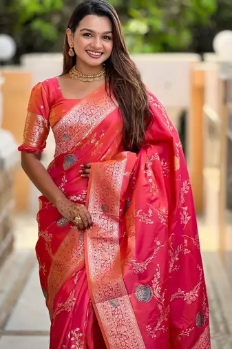 Pink elegant art silk woven saree with rich zari border