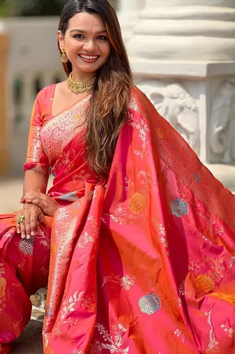 Pink elegant art silk woven saree with rich zari border