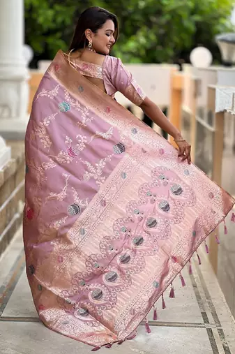 Lavender elegant art silk woven saree with rich zari border